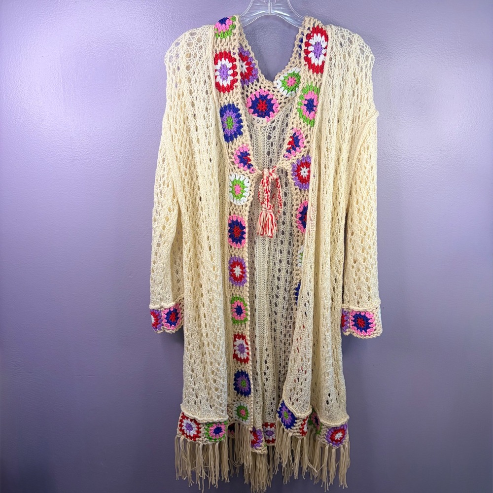 POL Women Cream Crochet Granny Square Fringe Duster Cardigan Sz L Boho Festival